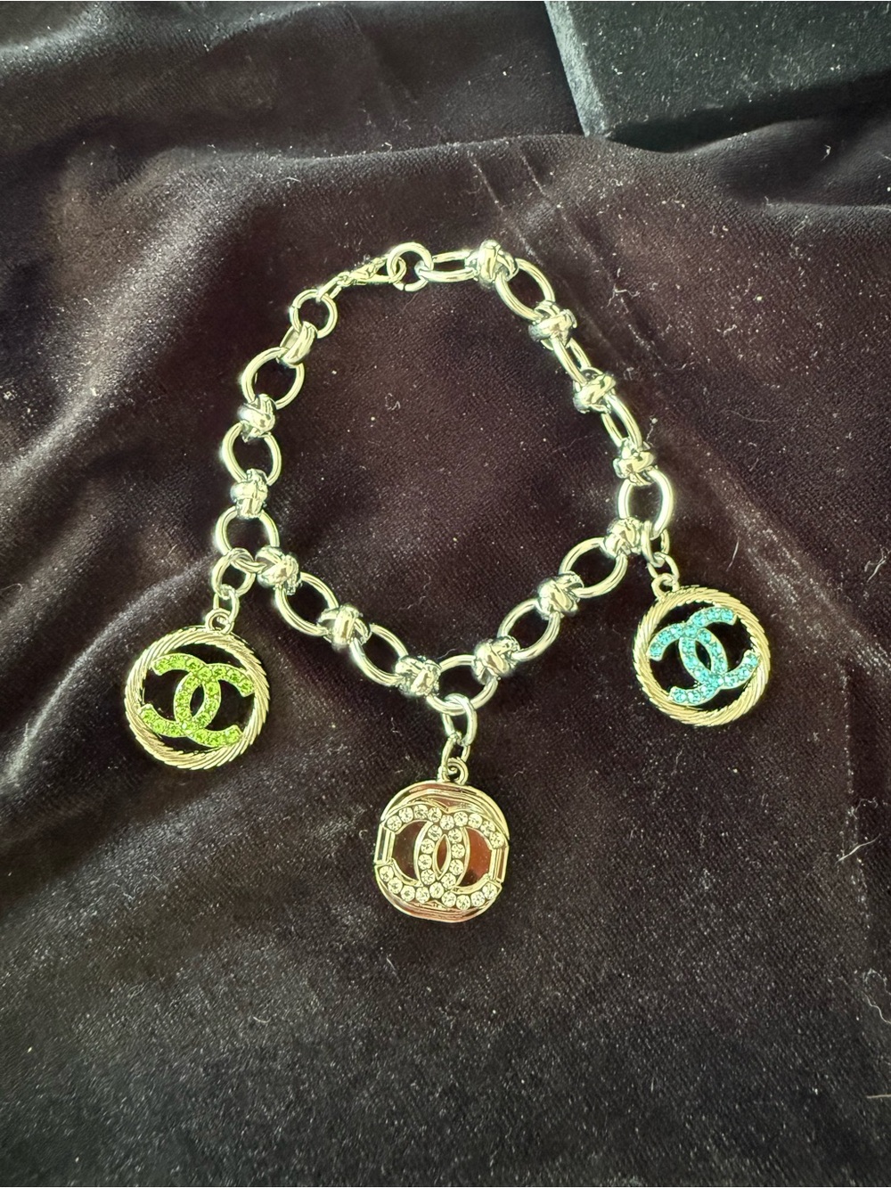 ChaneI Silver-Tone Charm Bracelet with Three Multicolor Logo Pendants